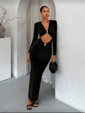 Cut-Out slinky maxi dress with gold buttons in black