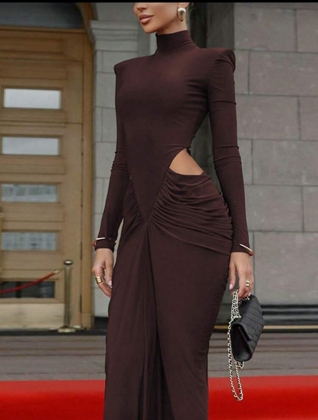 High neck draped cutout maxi dress in brown
