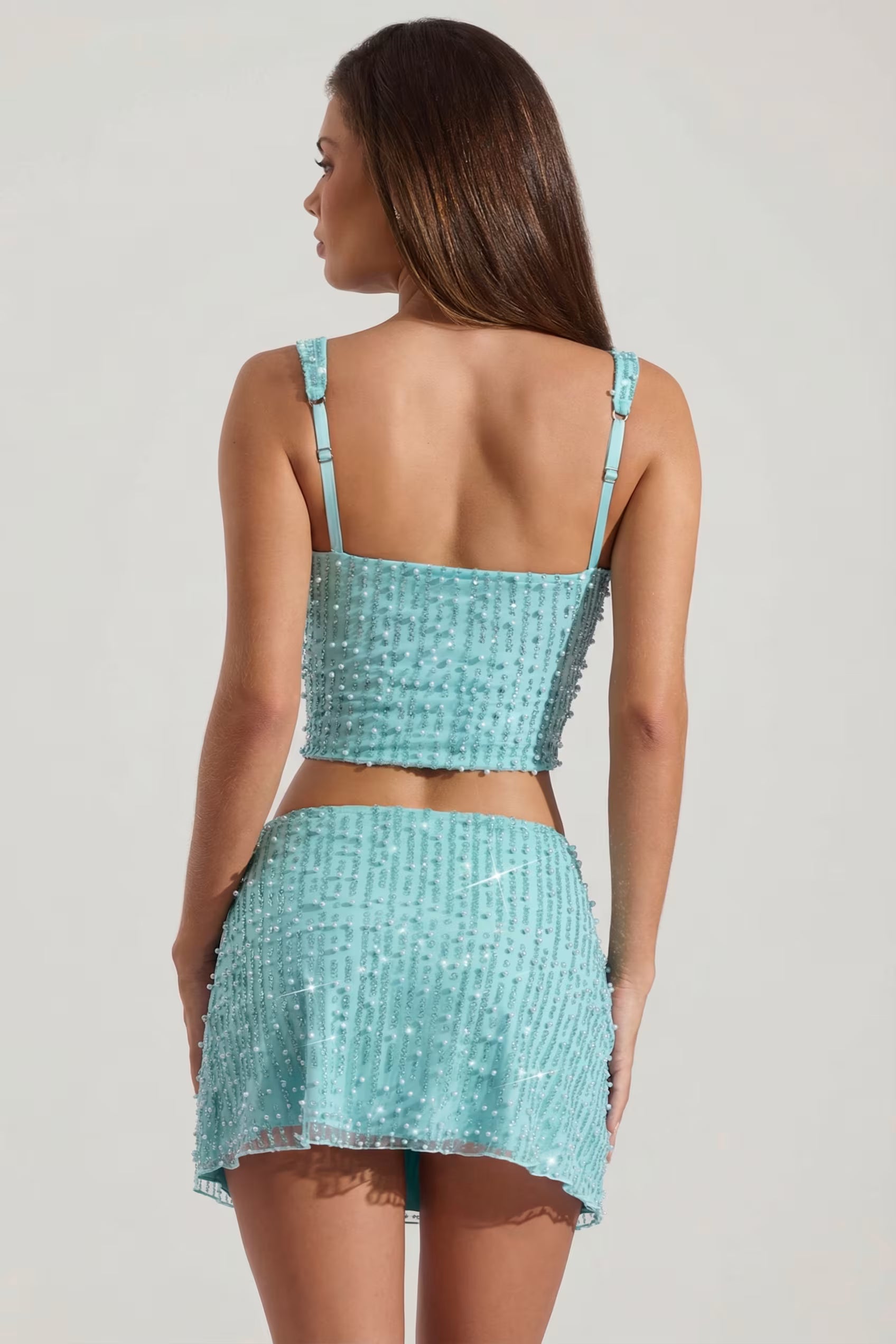 Embellished square neck top mini skirt set in blue
