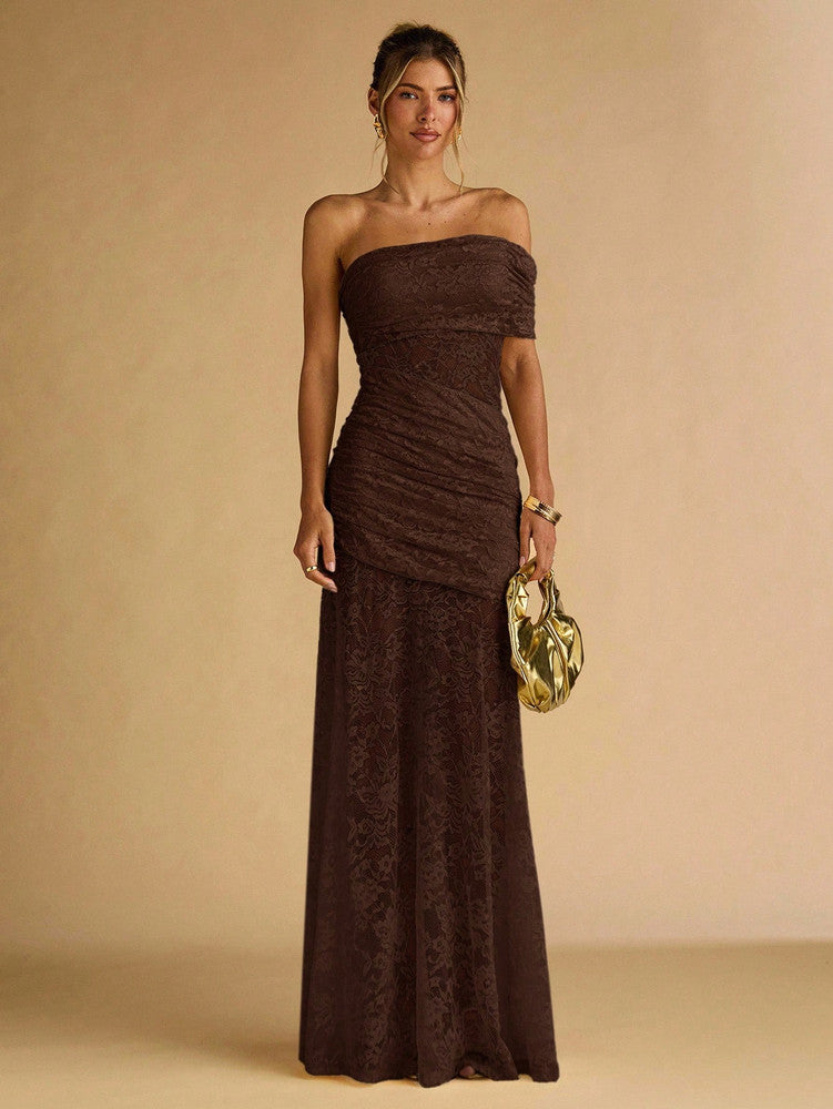 Lace one Shoulder Maxi dress brown
