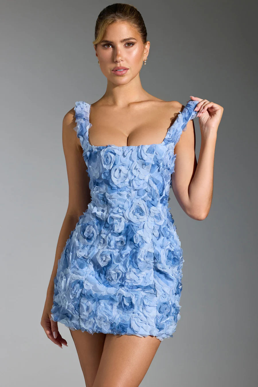 Square neck 3d floral mini dress in blue