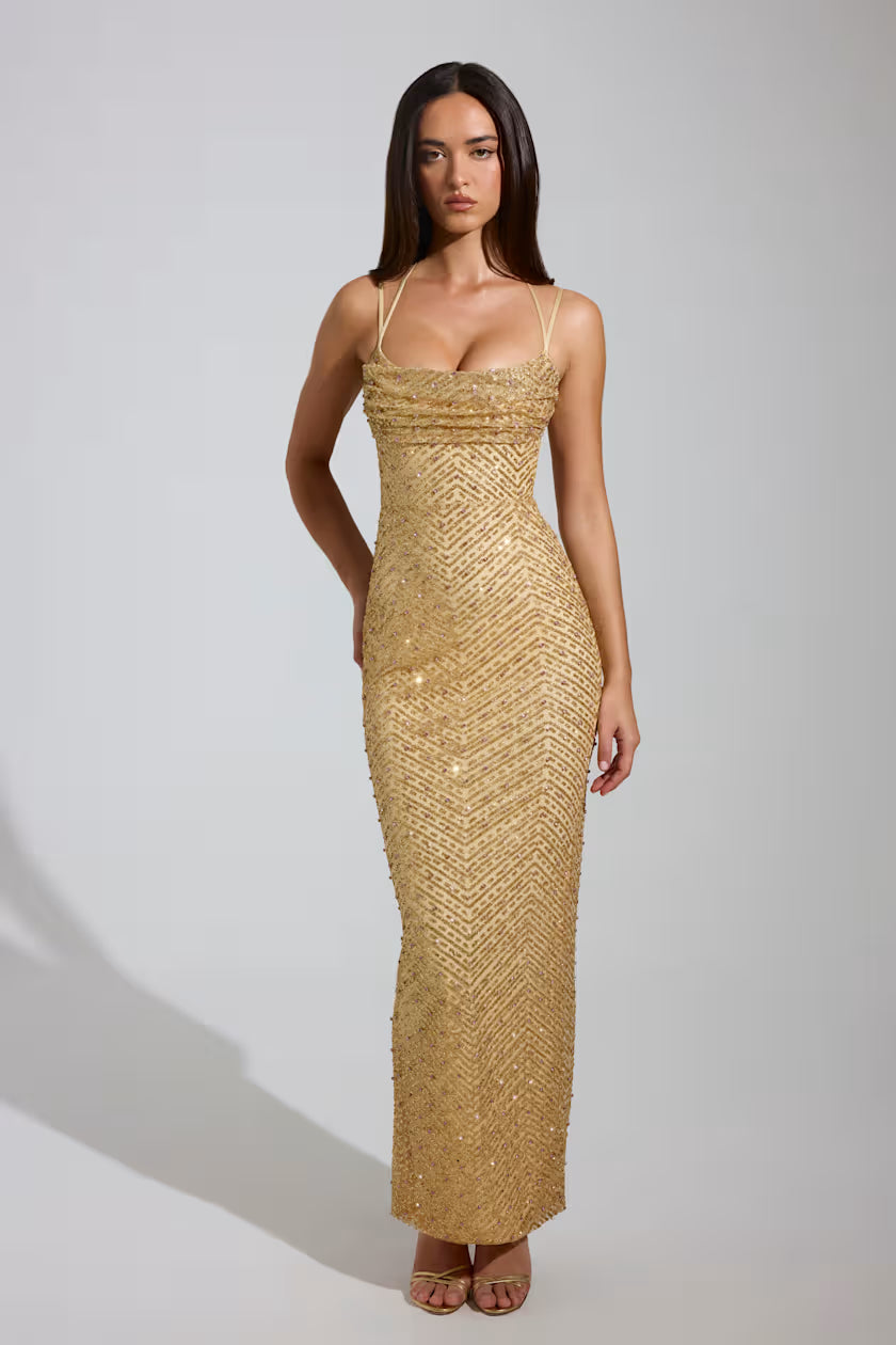 Sequin cowl neck maxi dress in gold