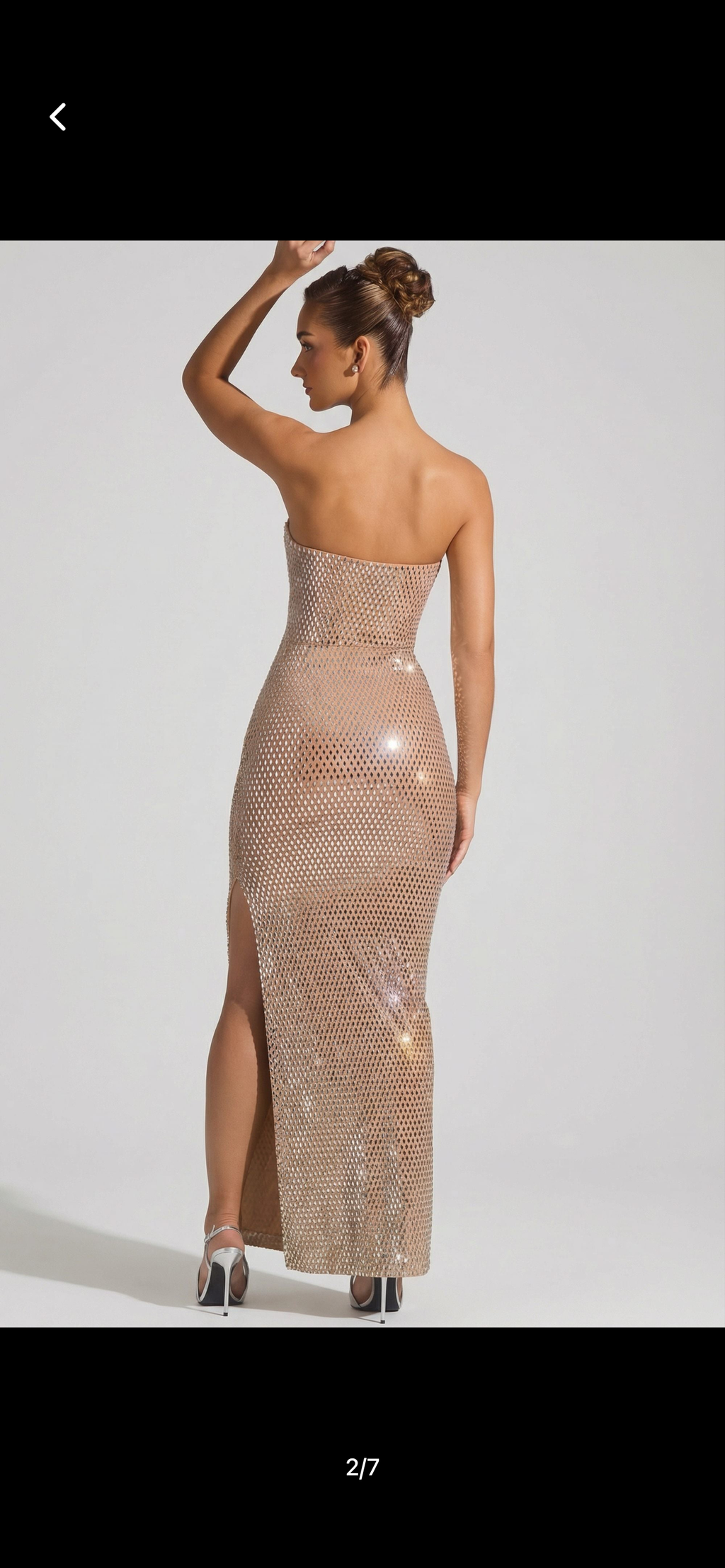 Embellished plunge gown in nude