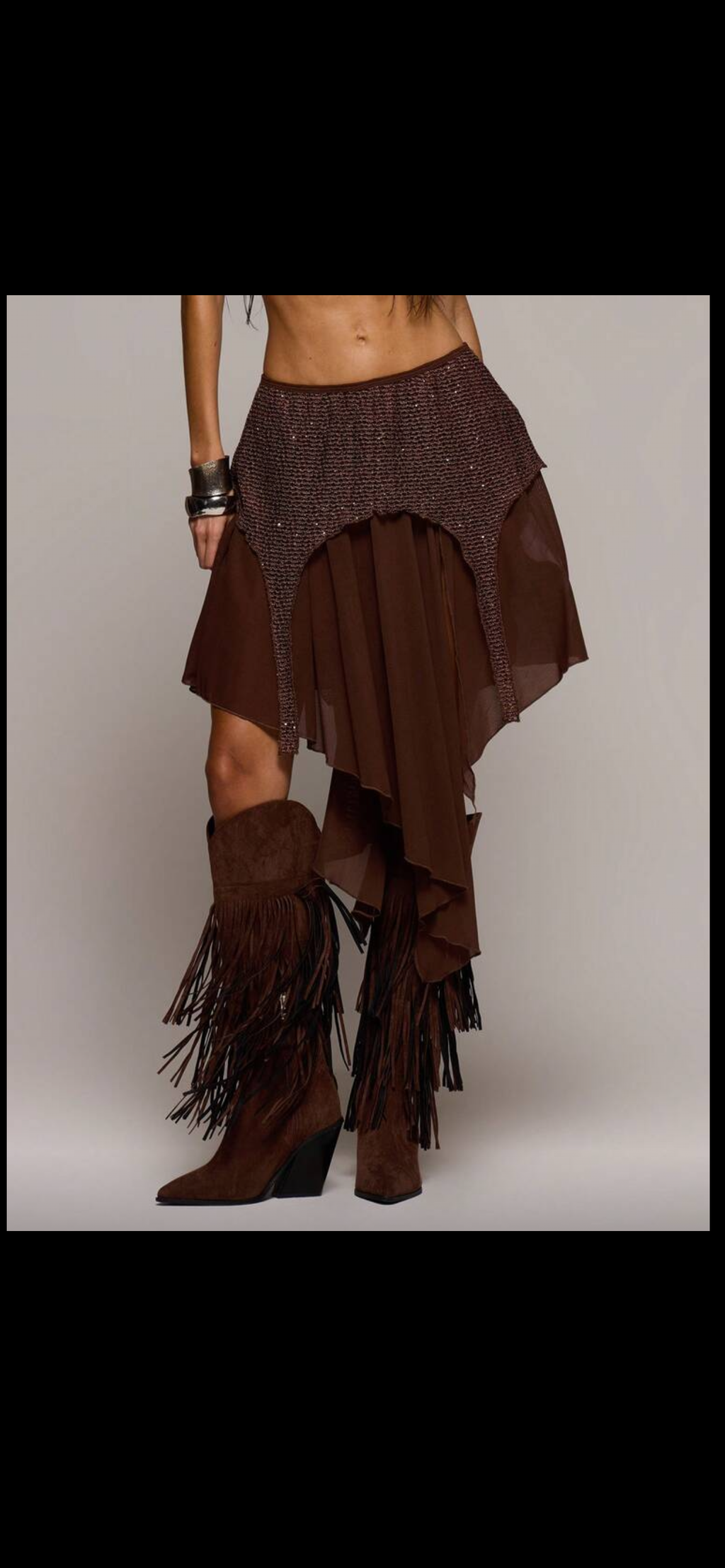 Brown sequin mesh skirt set