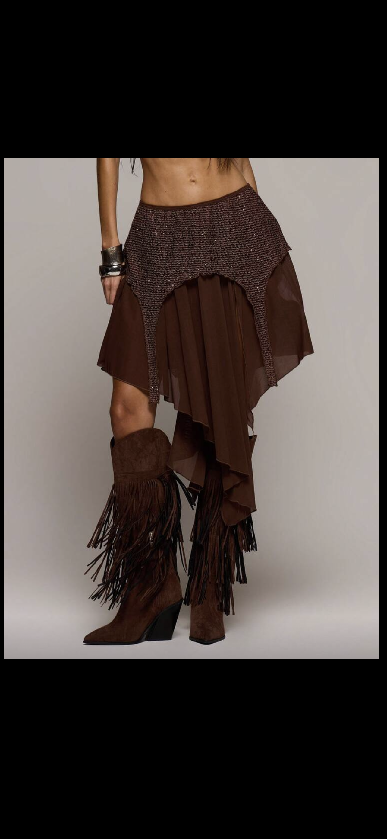 Brown sequin mesh skirt set