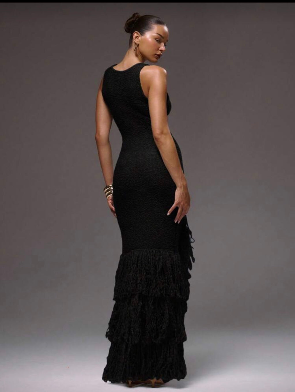 Scoop neck knit fringe maxi dress with split in black