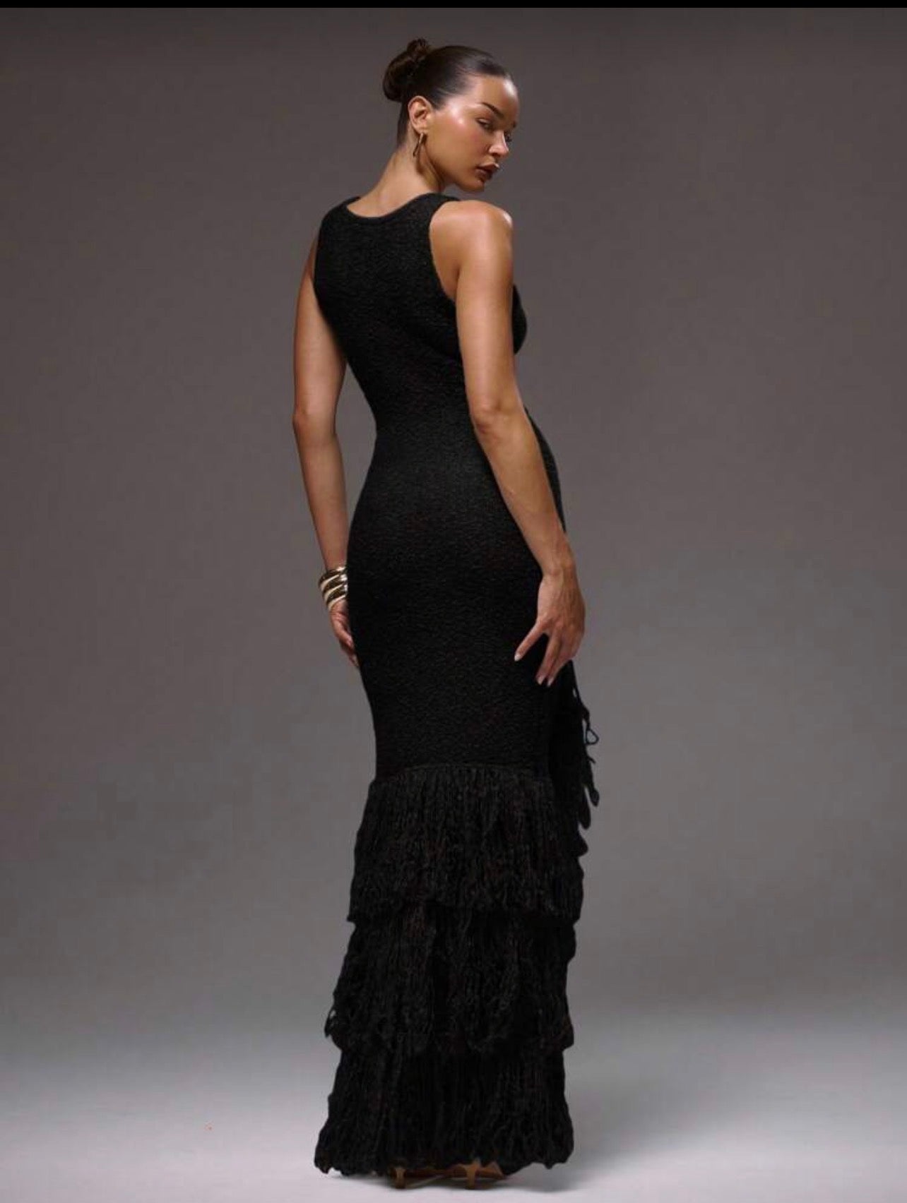 Scoop neck knit fringe maxi dress with split in black