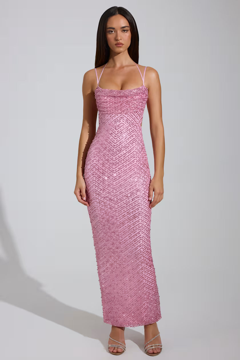 Sequin cowl neck with back cutouts maxi gown