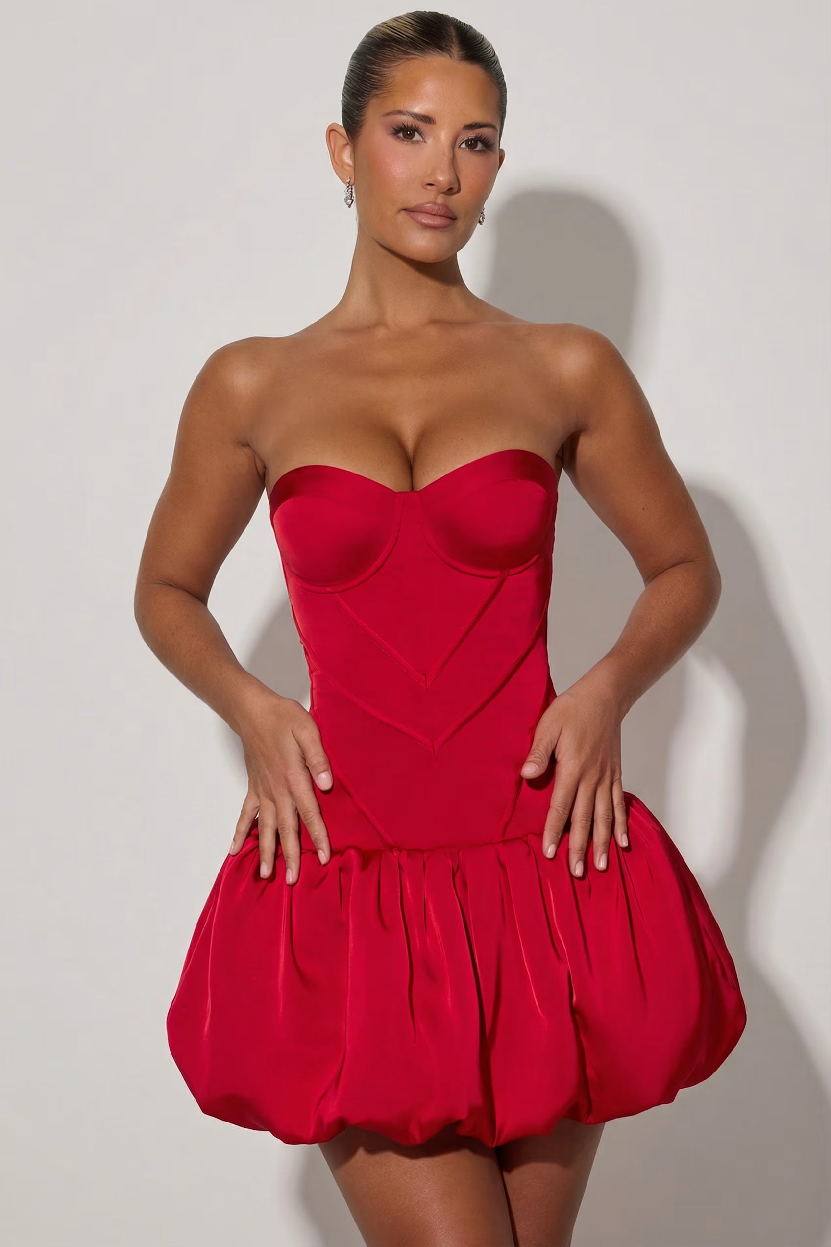 Red satin cupped corset balloon hem mini dress