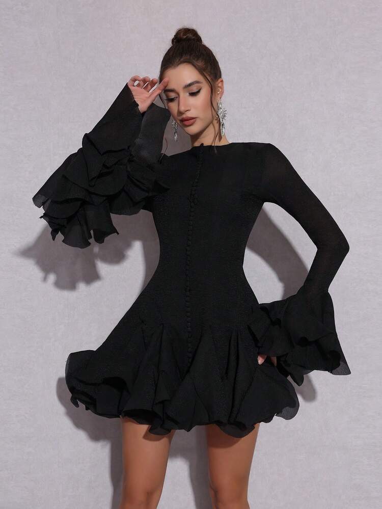 Flare sleeves long button fitted mini dress