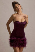 Cupped satin feather hem mini dress burgundy