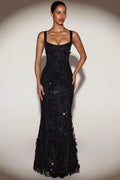 Square neck corset 3d floral embellished maxi dress black