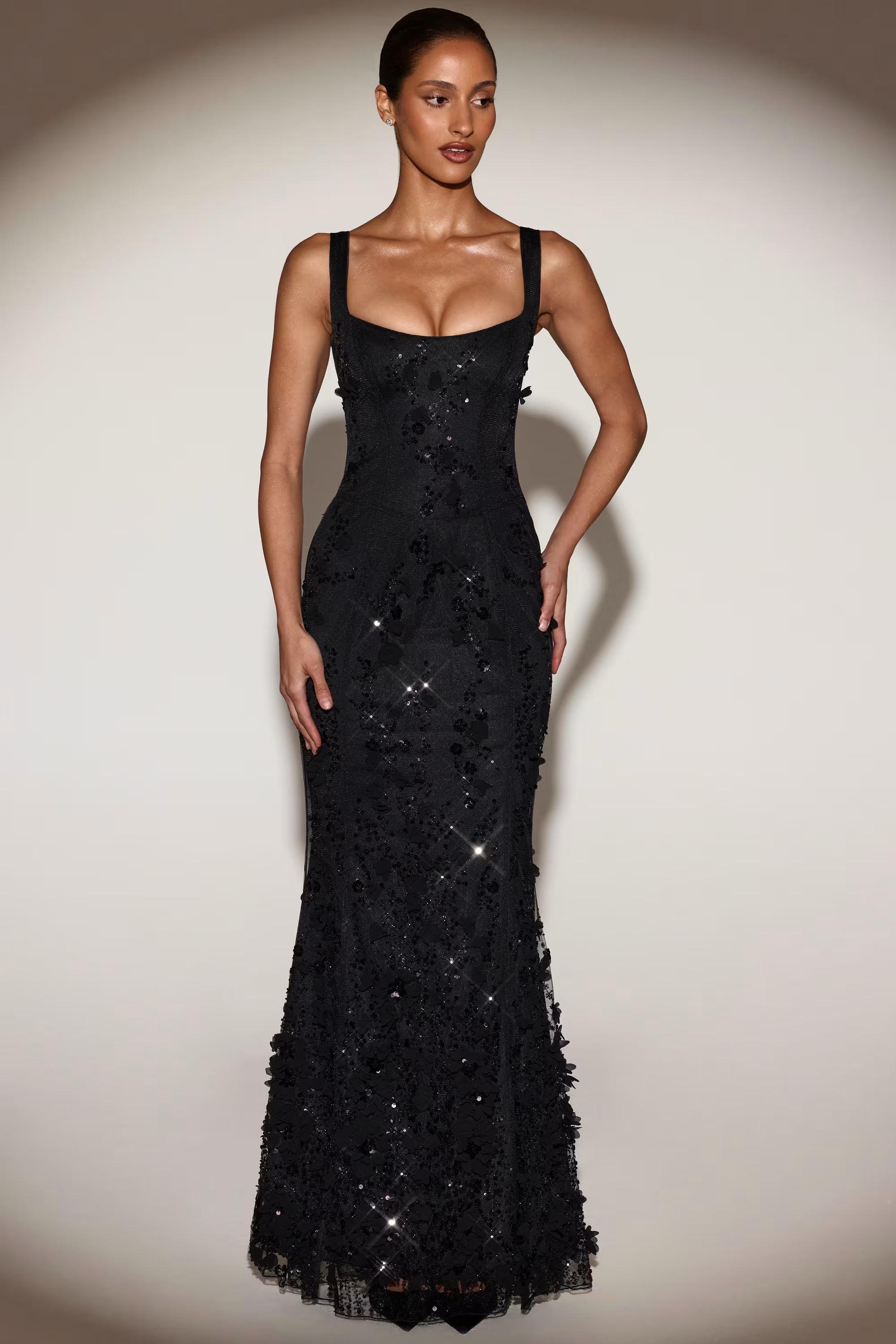 Square neck corset 3d floral embellished maxi dress black