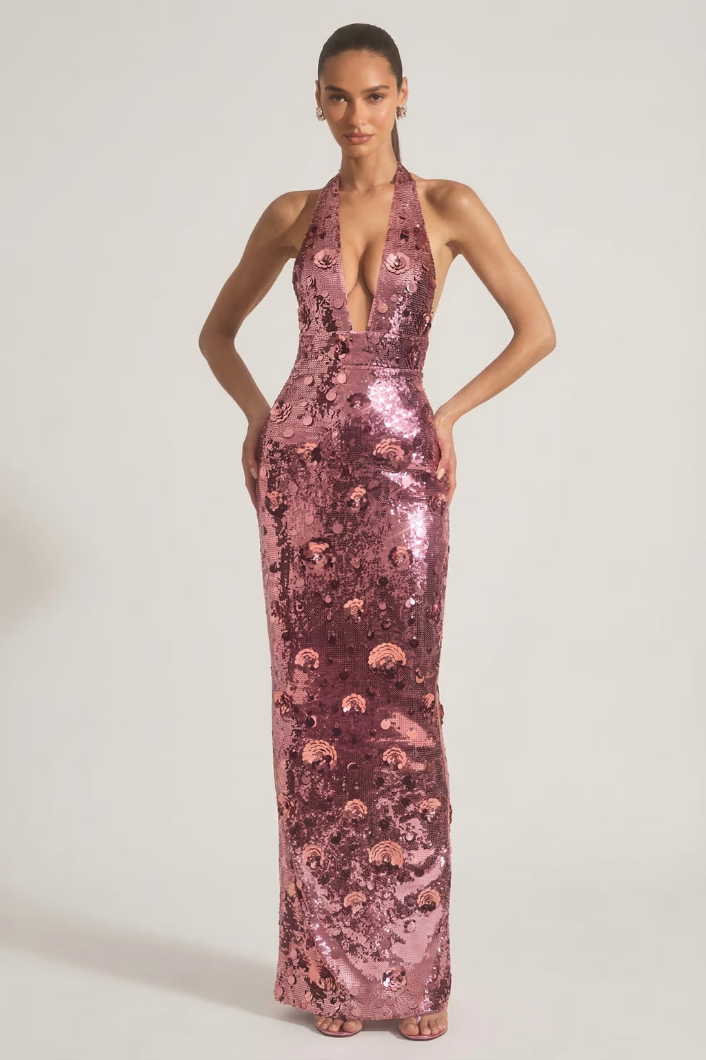 Embellished halter backless 3d floral maxi dress in pink
