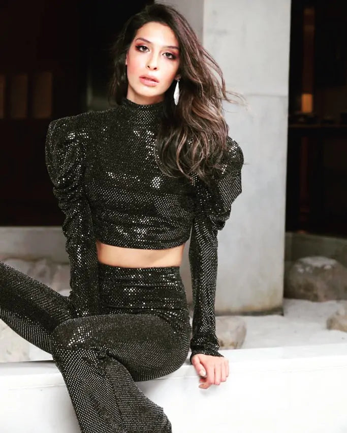 Sequin silver black high neck crop top pants set