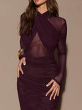 Burgundy cross sheer tulle maxi dress