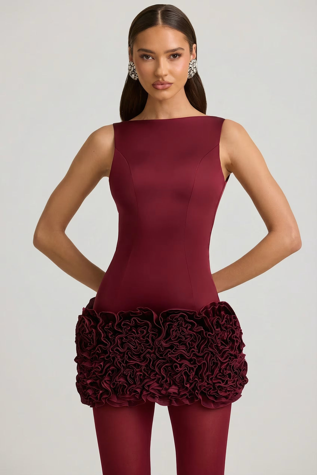 Backlesa 3d floral satin mini dress in burgundy