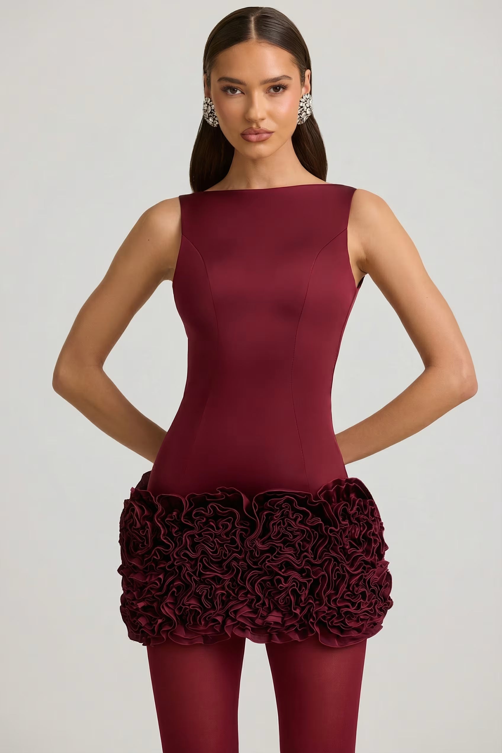 Backlesa 3d floral satin mini dress in burgundy