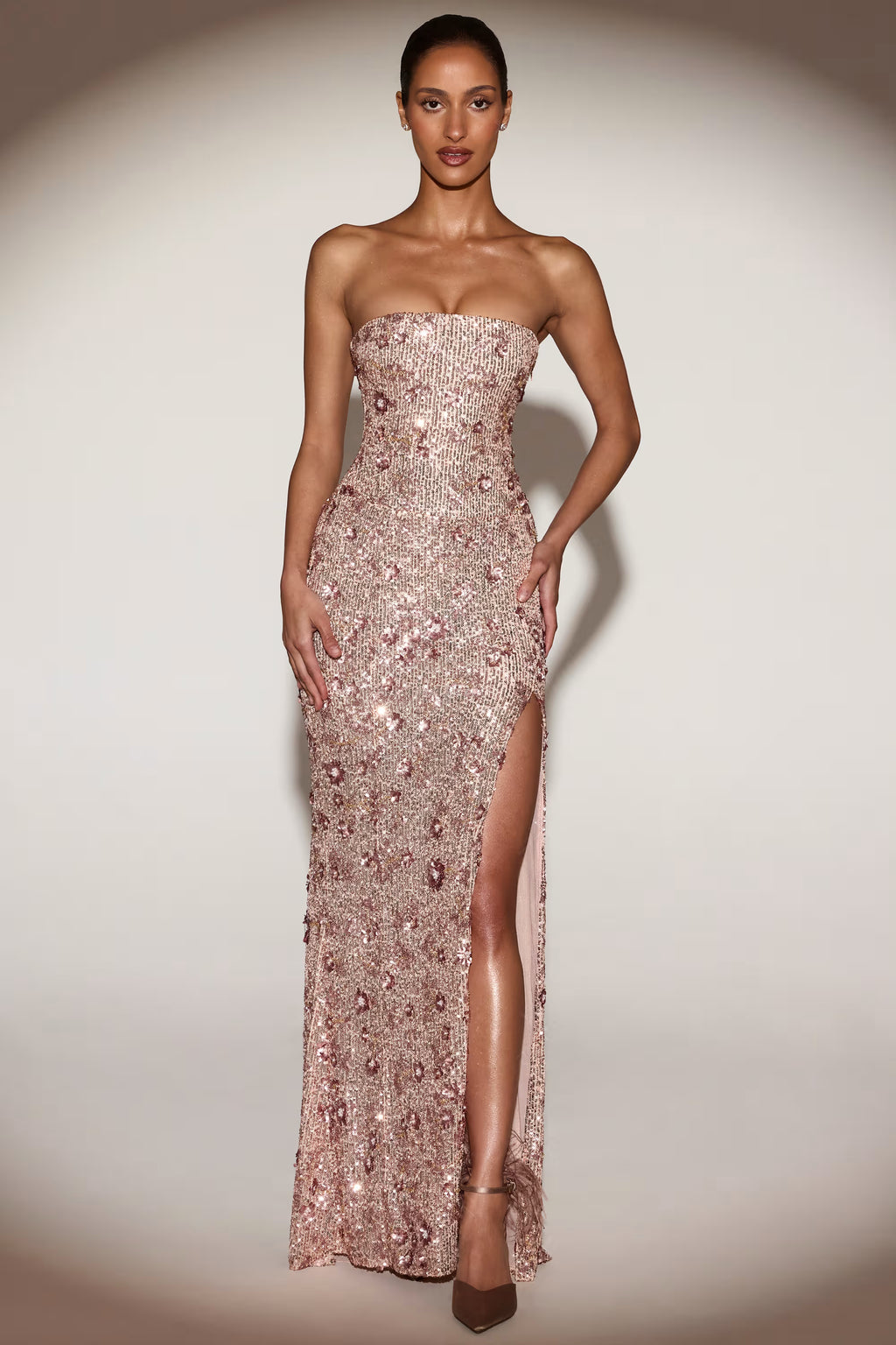 Rose gold floral sequin maxi dress