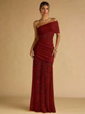 One shoulder lace maxi dress in red