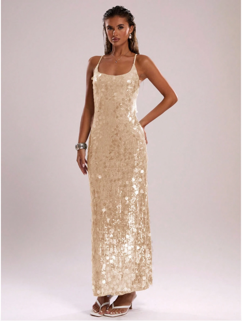 Embellished mermaid sequin cross back maxi dress