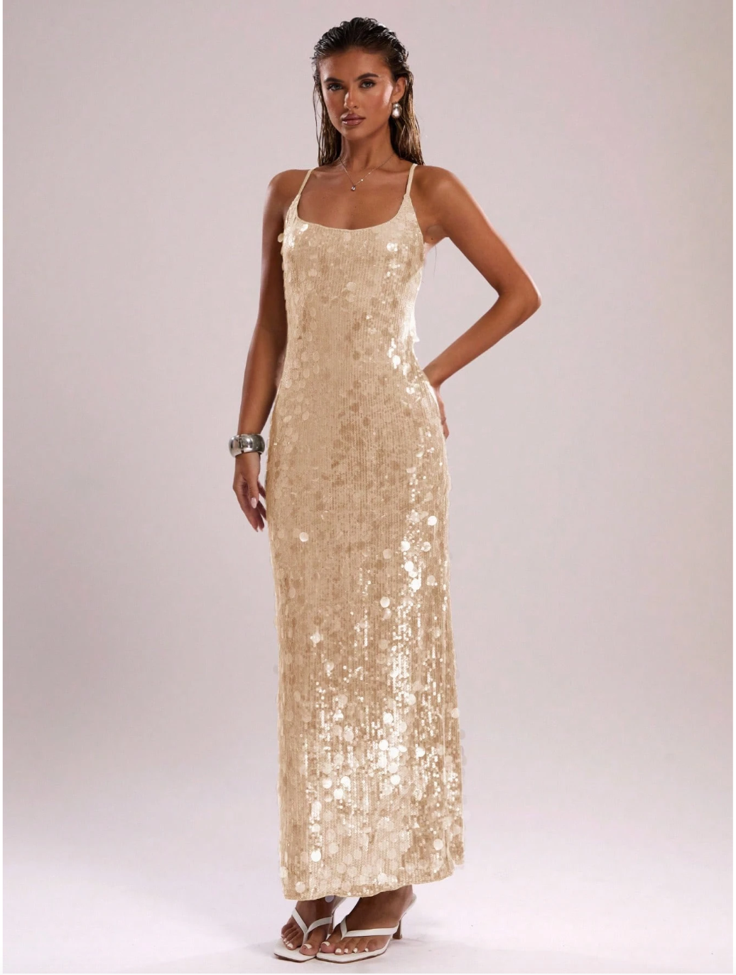Embellished mermaid sequin cross back maxi dress