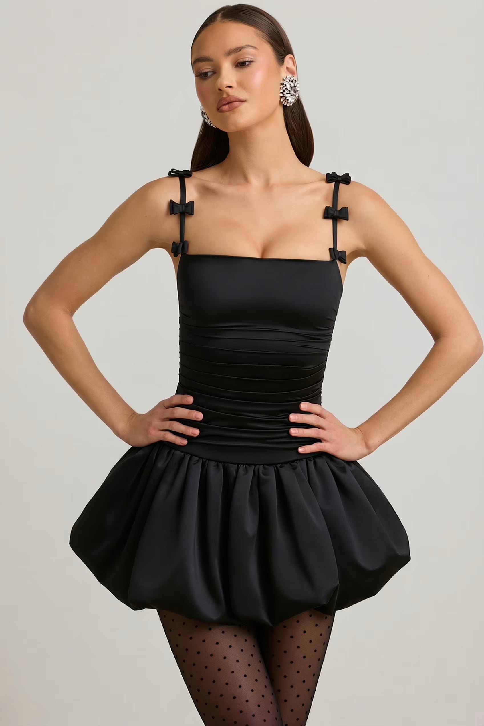 Satin ballon hem with mini floral straps in black