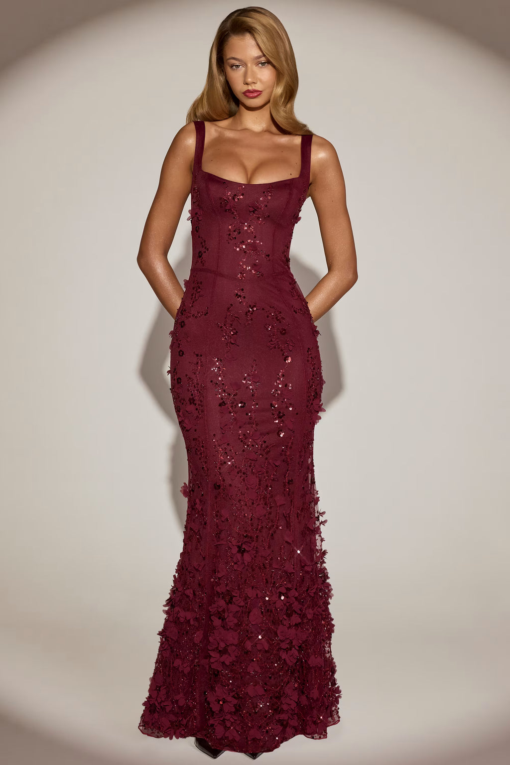 Embellished 3d floral gown in  burgundy