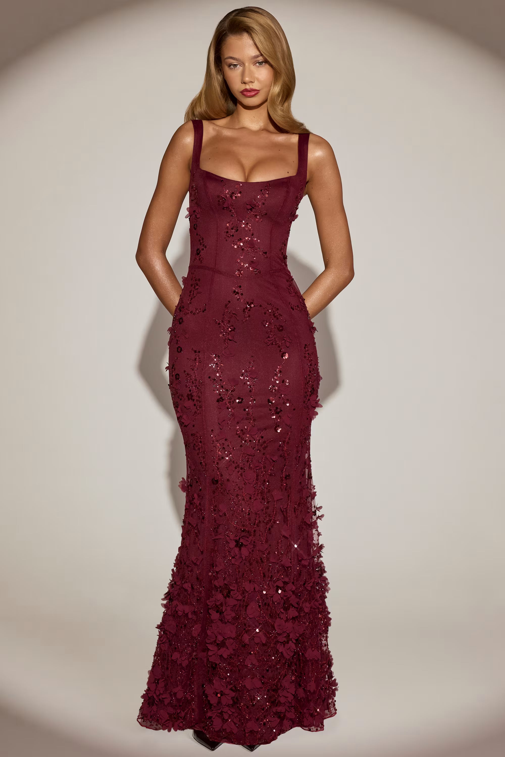 Embellished 3d floral gown in  burgundy