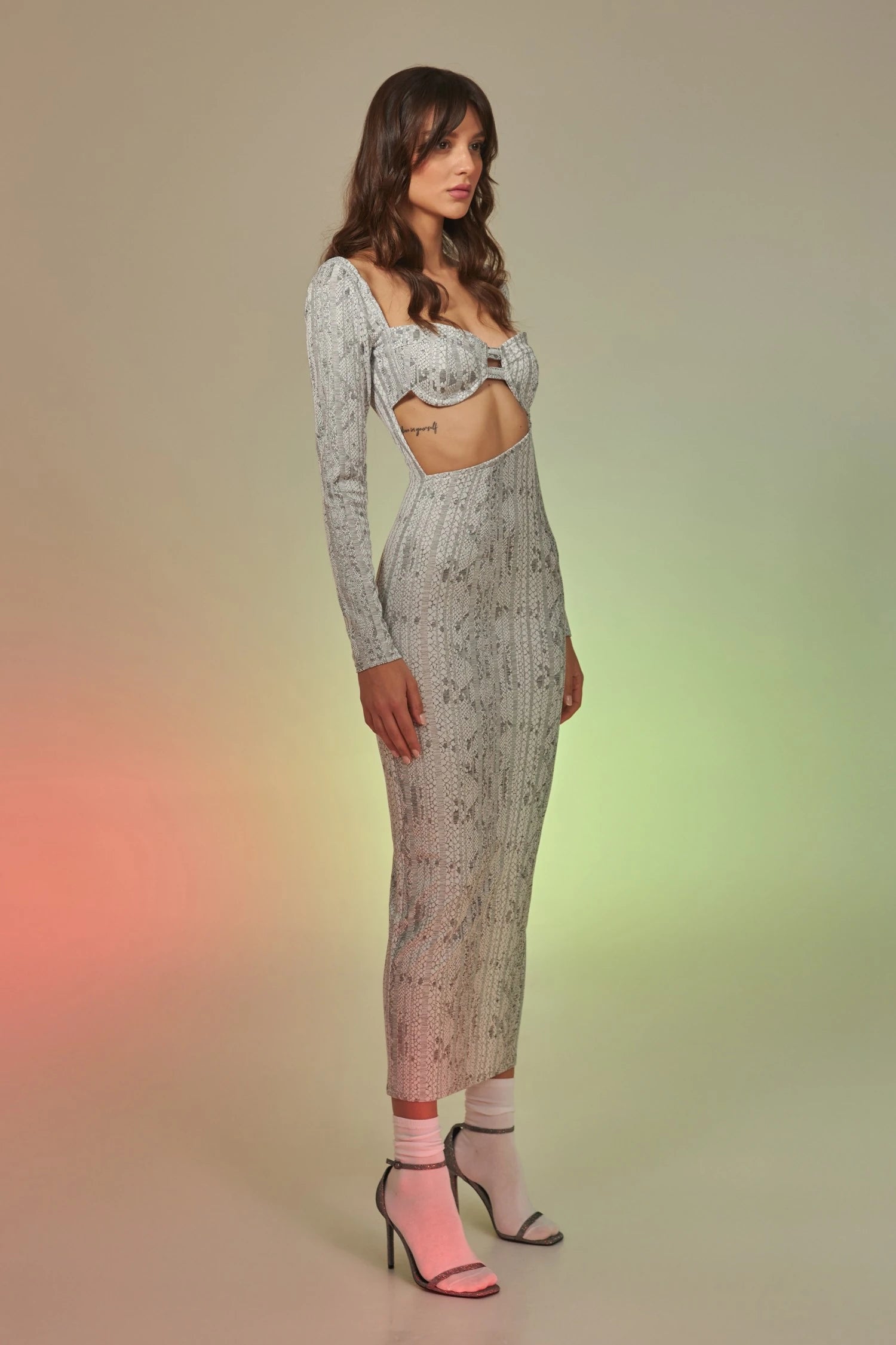 Snake print cupped cutout maxi dress
