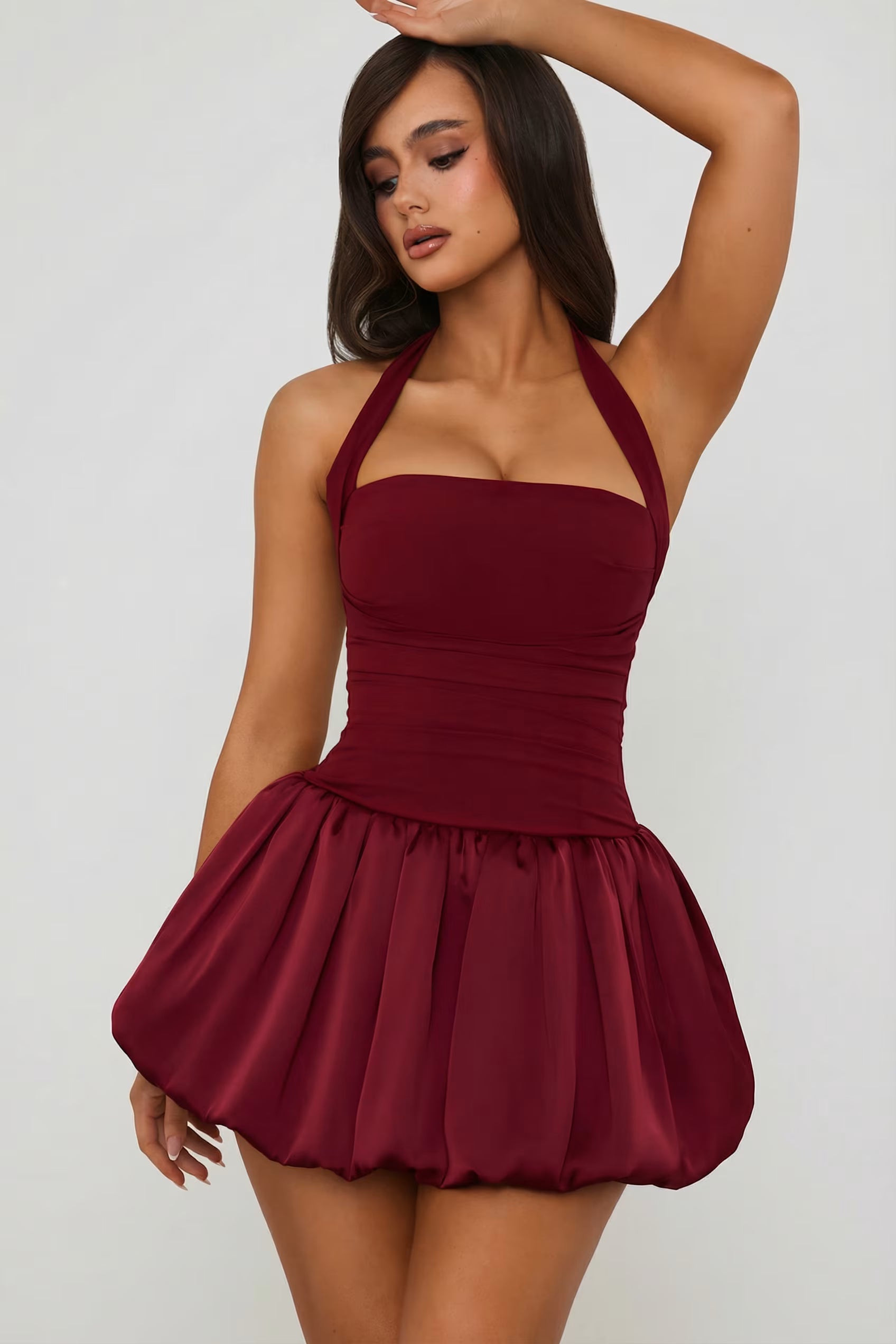 Halter Satin balloon hem mini dress
