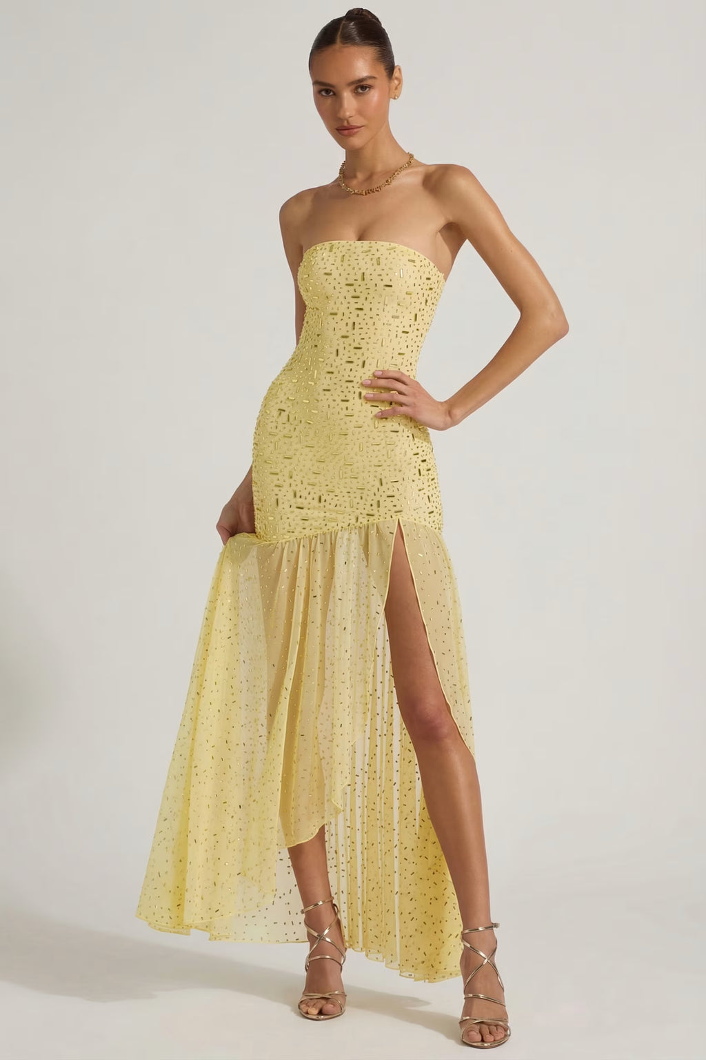 Embellished asymmetrical maxi dress in butter yellow