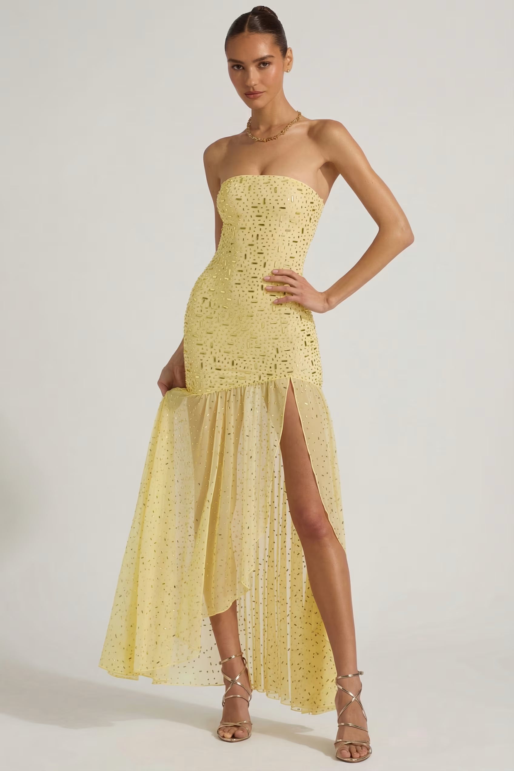 Embellished asymmetrical maxi dress in butter yellow