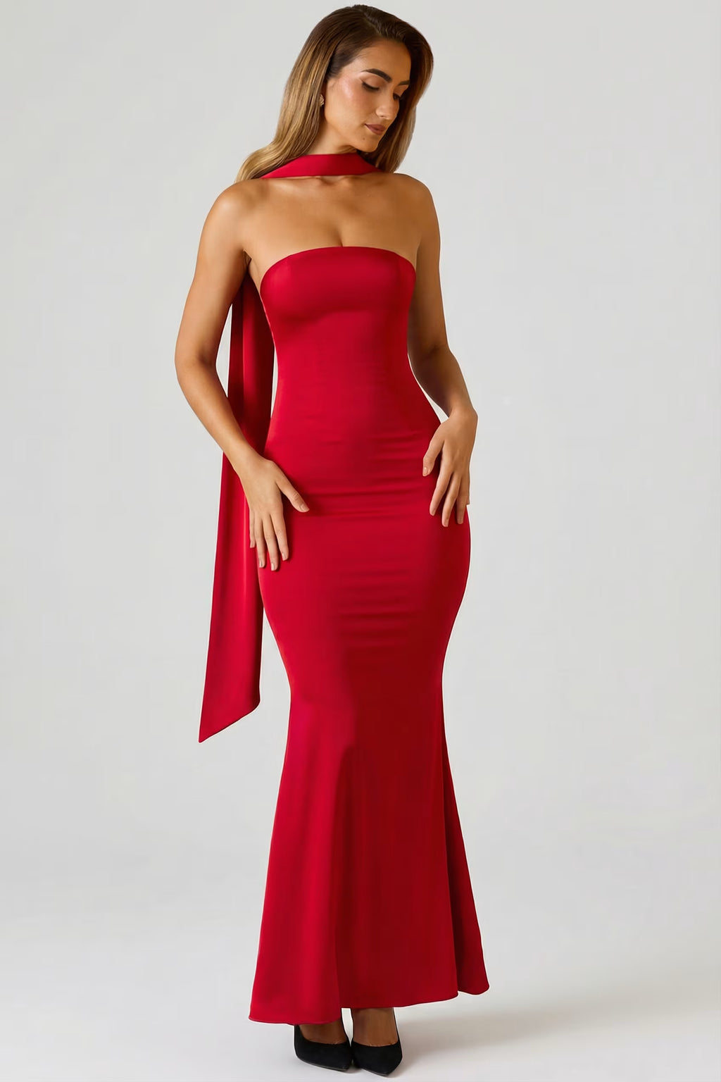 Red Satin with scarf detail maxi dress