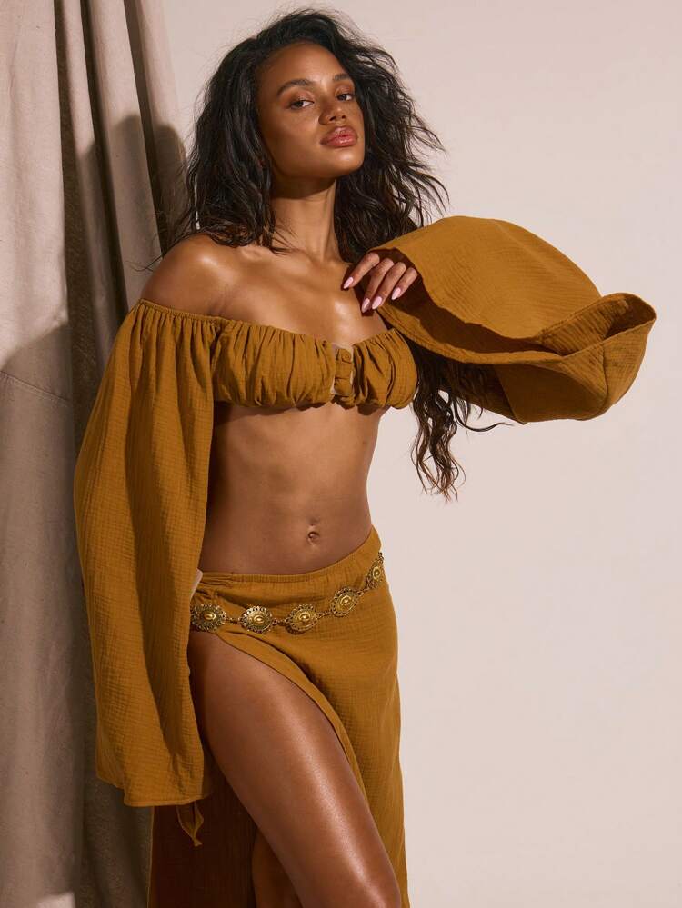 Brown off shoulder resort skirt set