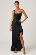 Embellished corset ruffle maxi dress in black