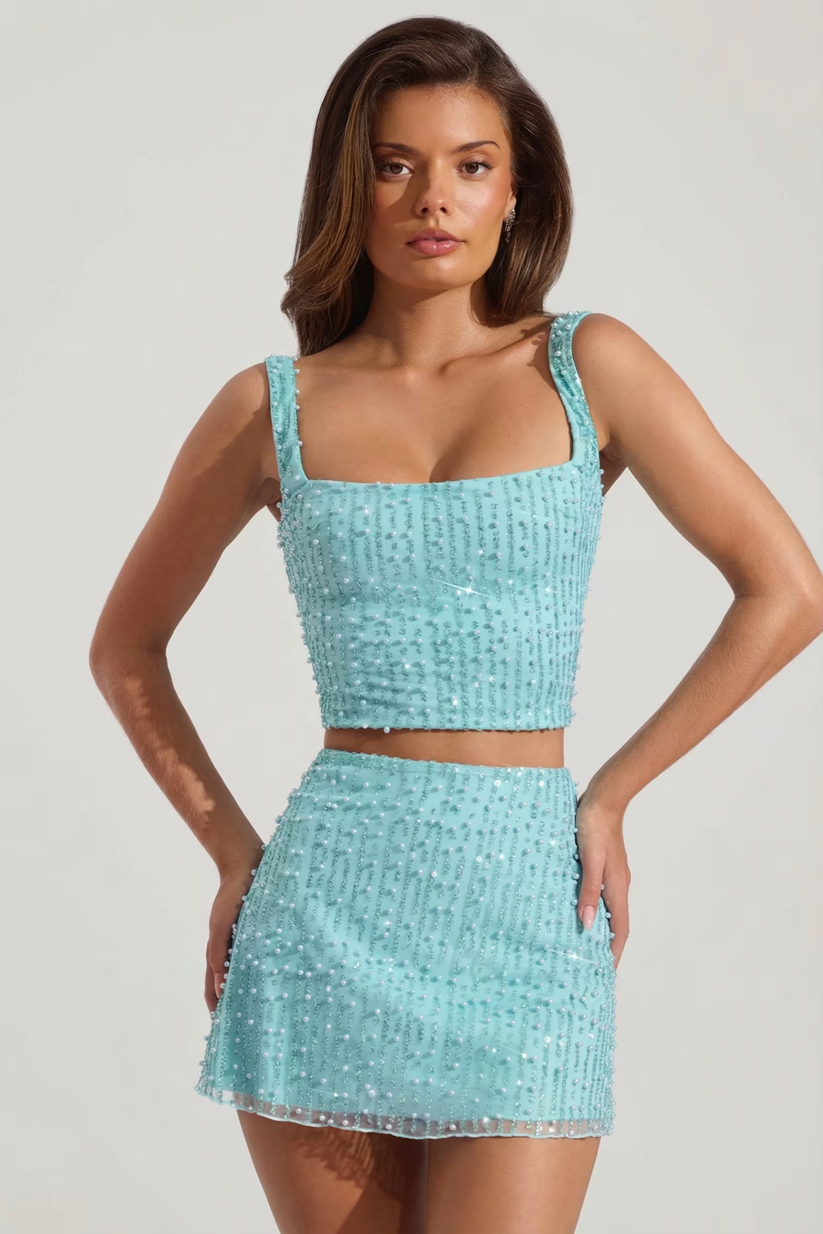 Embellished square neck top mini skirt set in blue