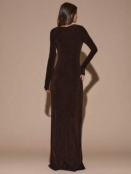 Deep V slinky brown Maxi dress