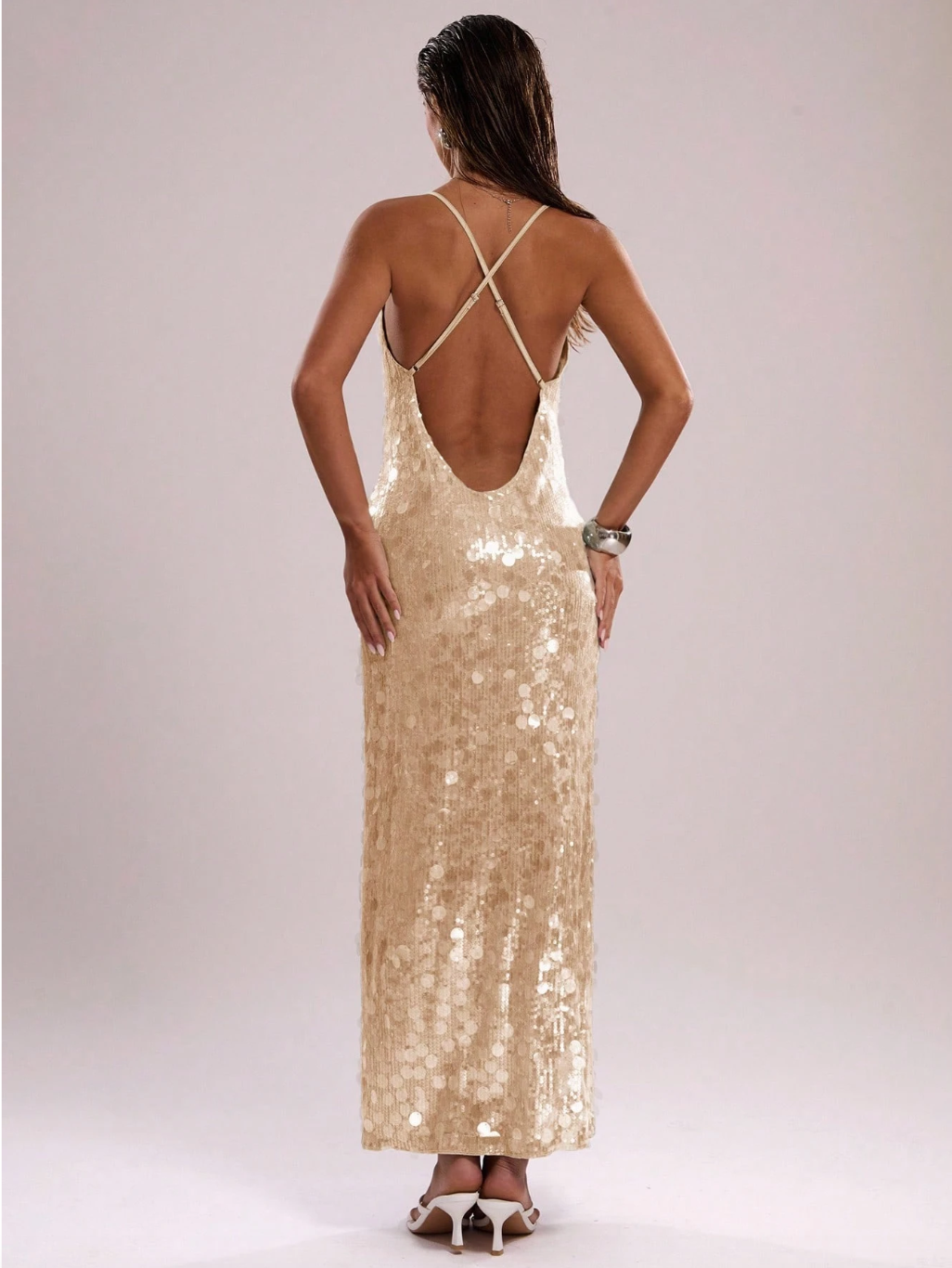 Embellished mermaid sequin cross back maxi dress
