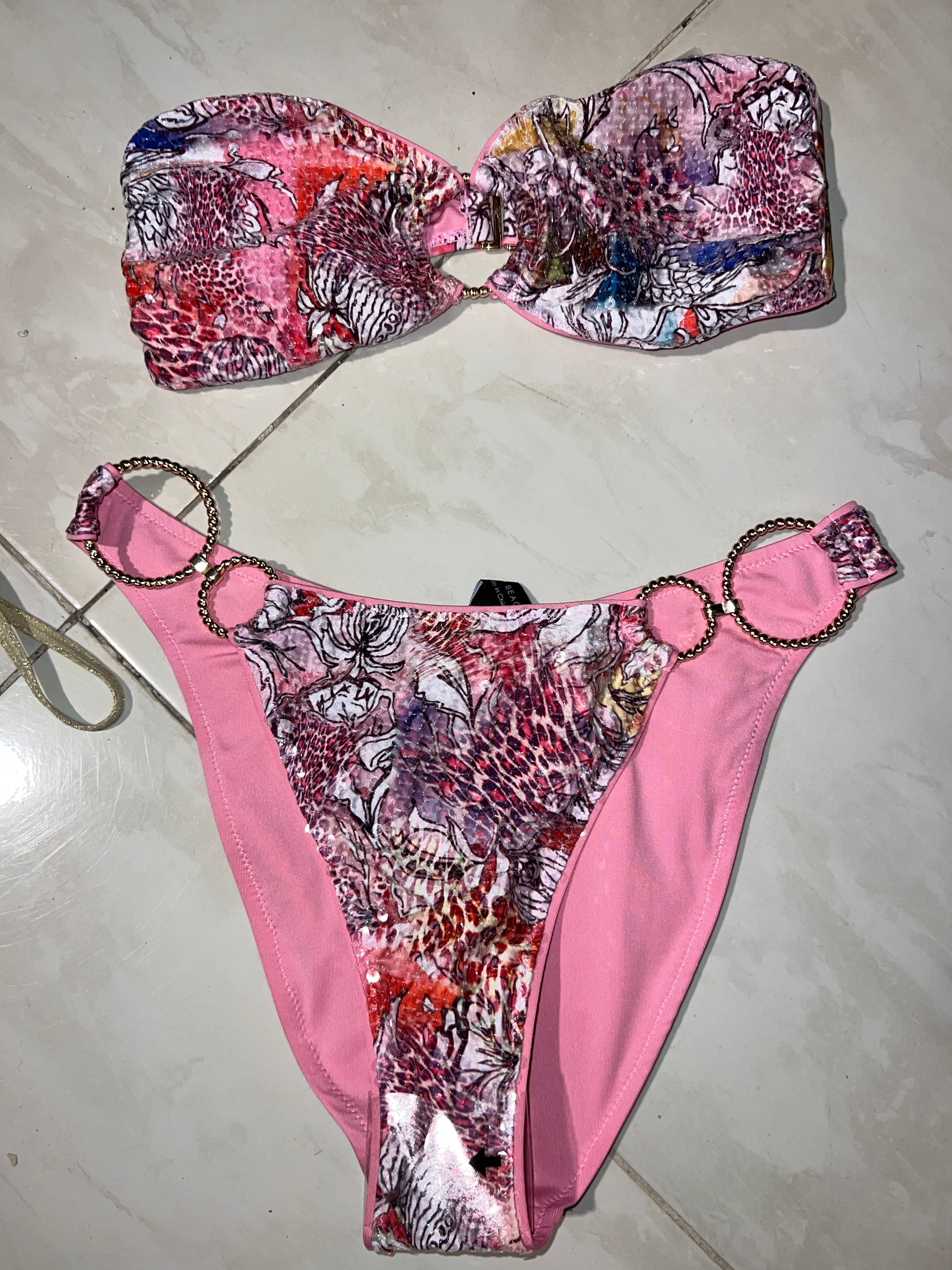 Animal print with gold circles in pink bikini