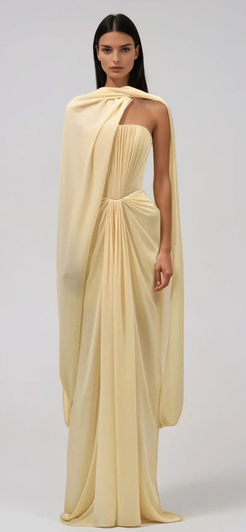 Yellow draped maxi chiffon dress