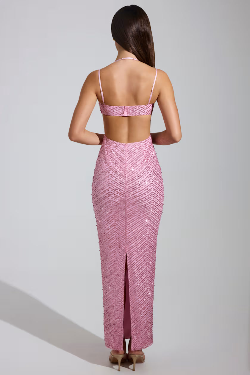 Sequin cowl neck with back cutouts maxi gown