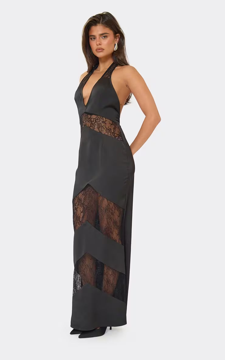 Satin lace halter maxi slip dress black