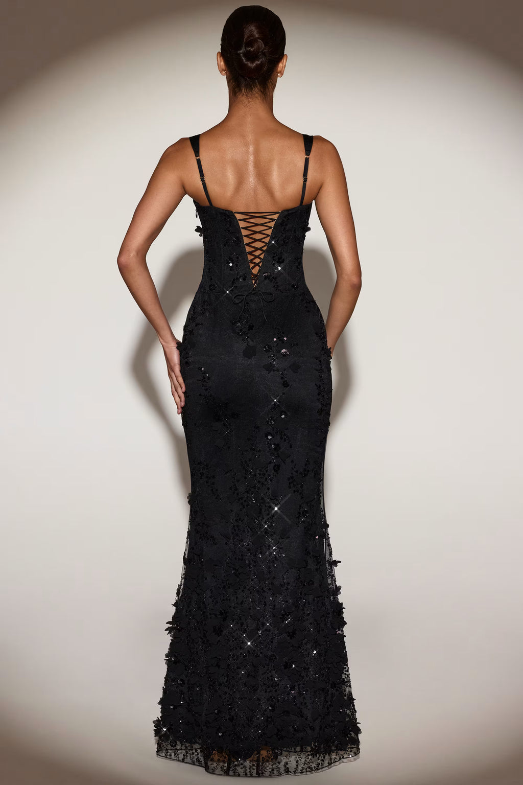 Square neck corset 3d floral embellished maxi dress black