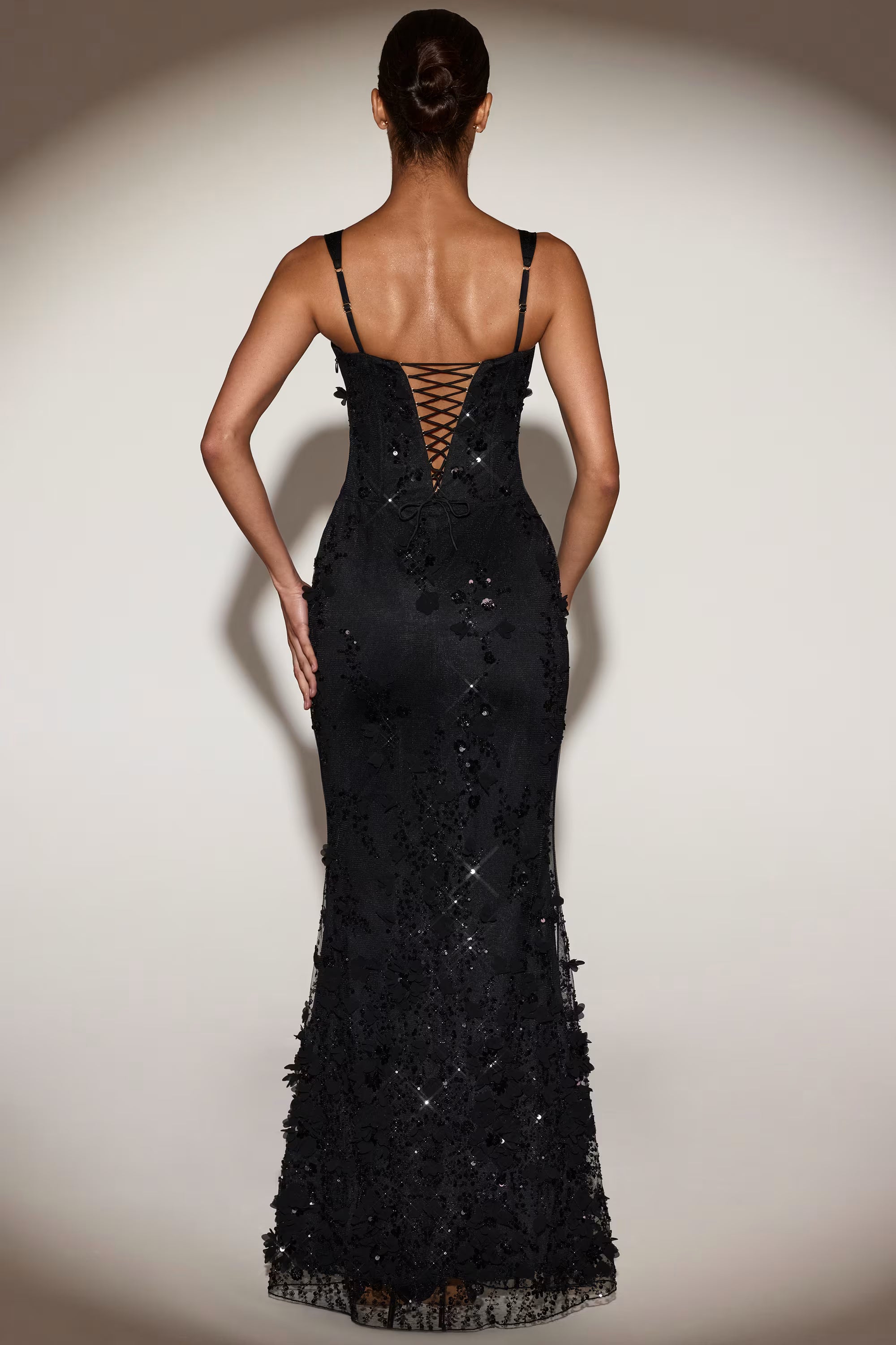 Square neck corset 3d floral embellished maxi dress black