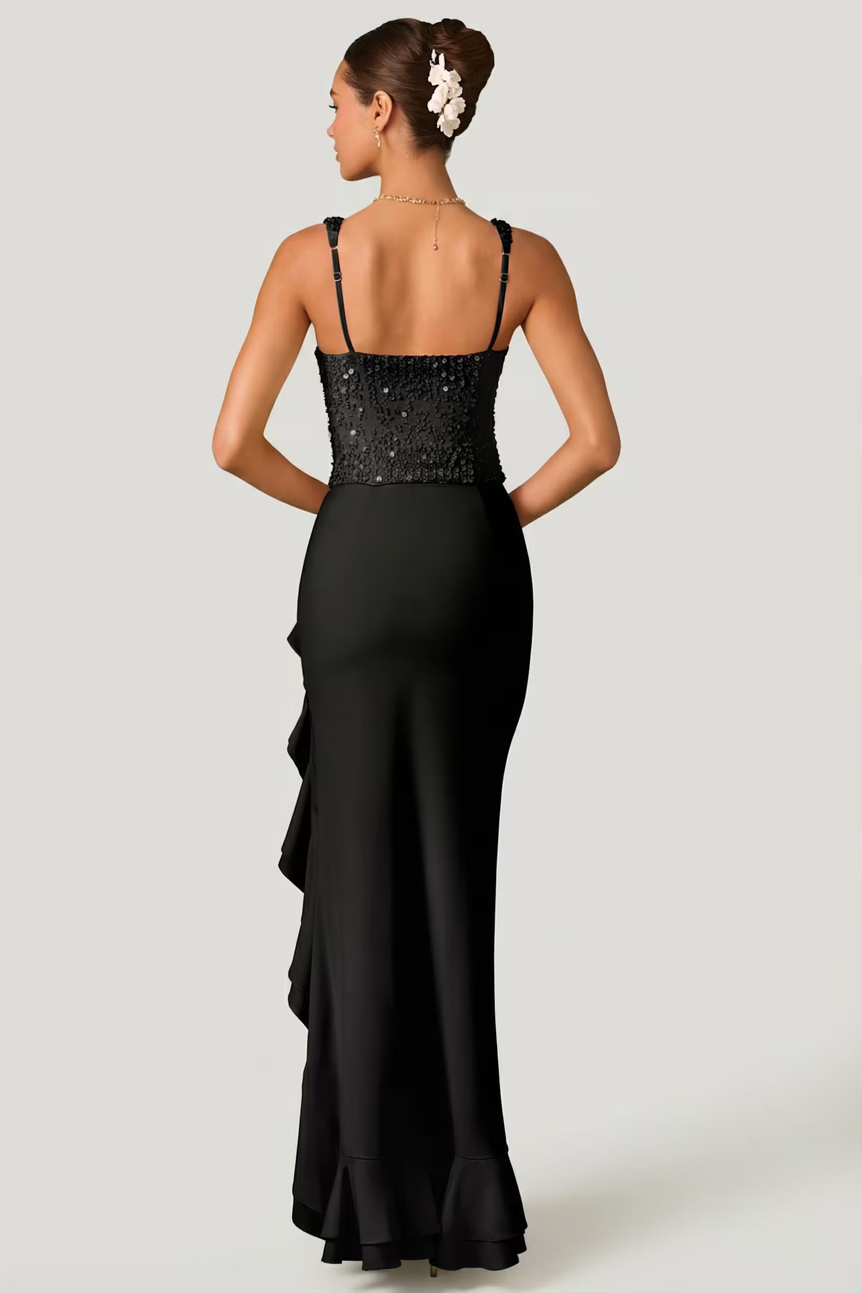 Embellished corset ruffle maxi dress in black