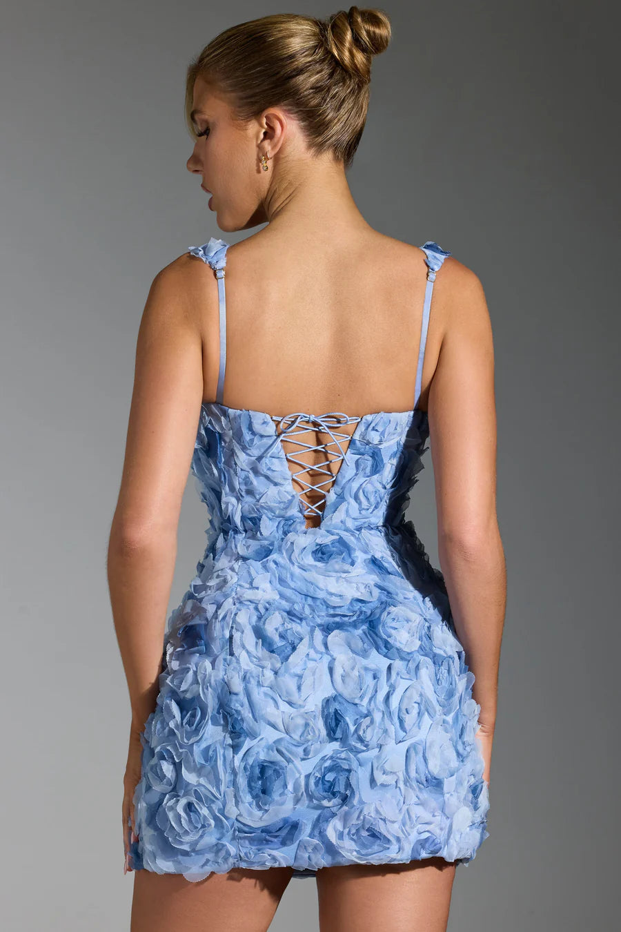 Square neck 3d floral mini dress in blue