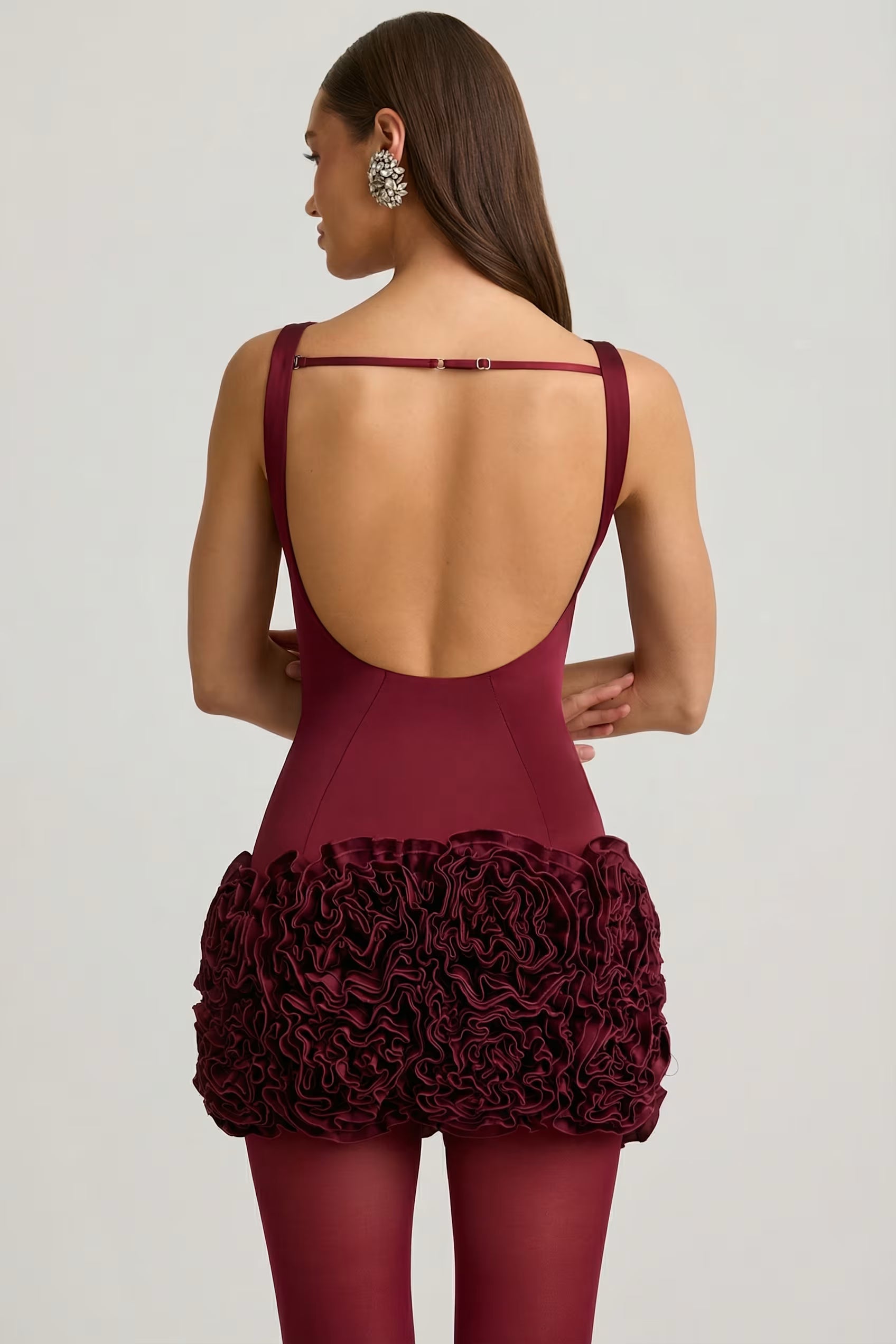 Backlesa 3d floral satin mini dress in burgundy