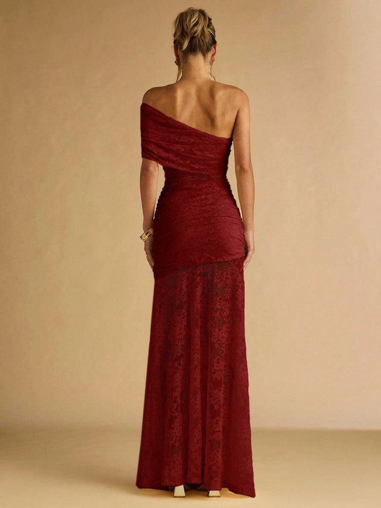 One shoulder lace maxi dress in red
