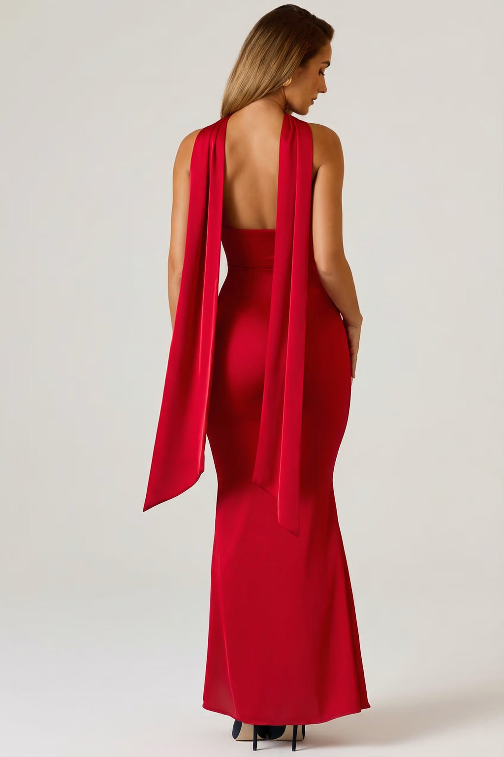 Red Satin with scarf detail maxi dress